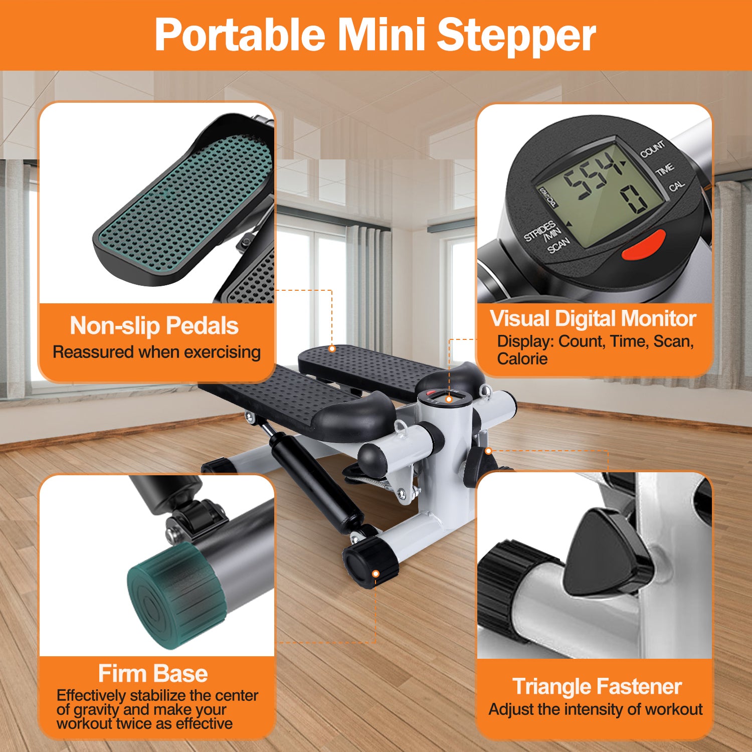 Mini Fitness Stepper with Resistance Bands & LCD Monitor - Health and wellness