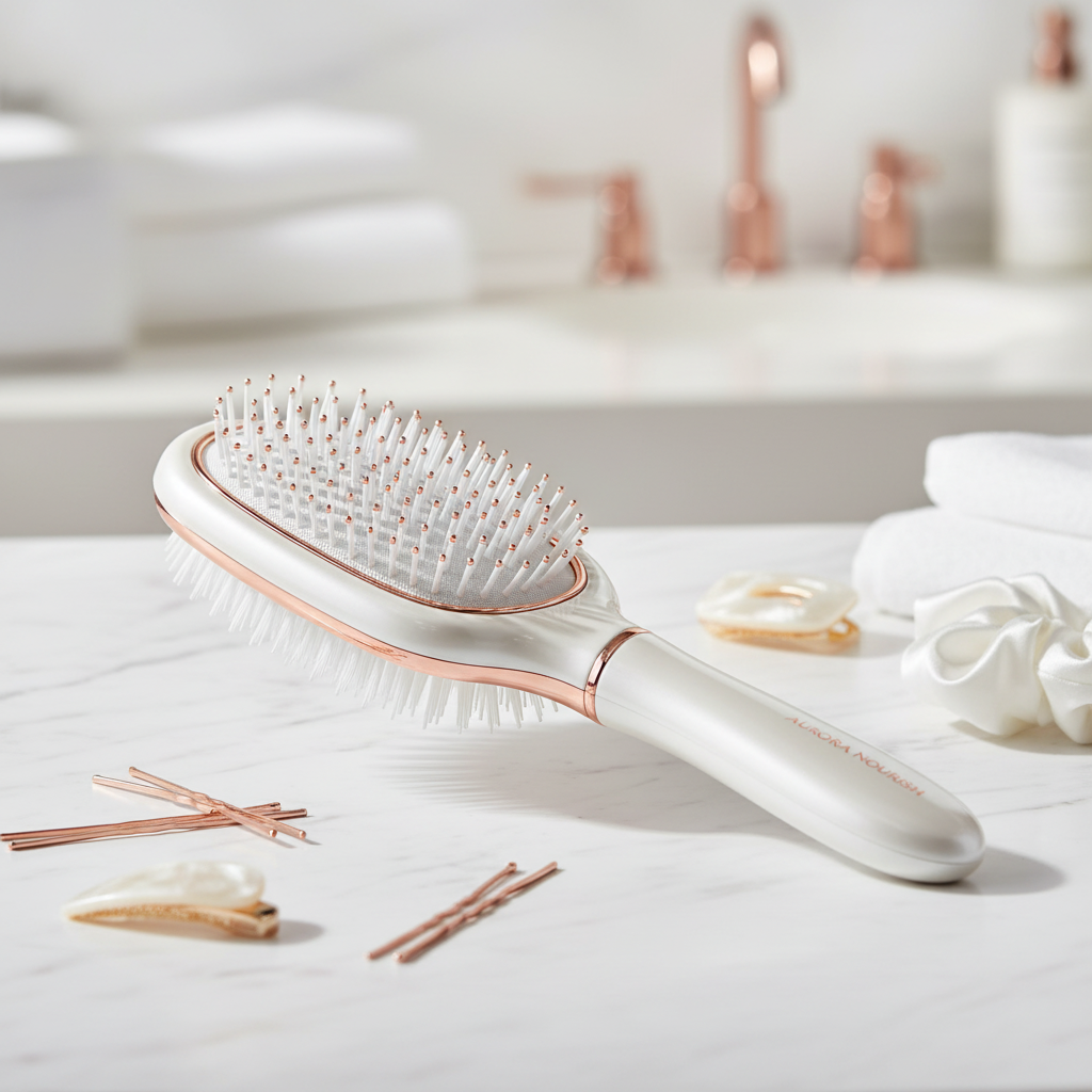 Detangling hair brush with scalp massager on white marble surface with rose-gold tones